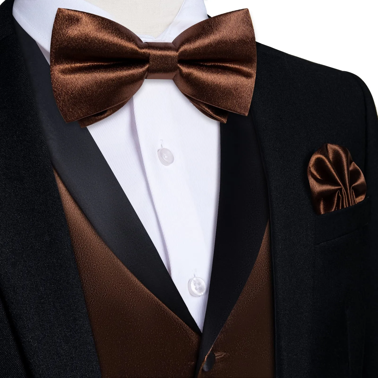 DiBanGu Tuxedo Vest Deep Brown Solid Silk Mens Button Business Vest and Bow Tie Set