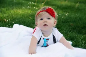 Dr. Seuss cake smash bodysuit Dr Suess smash cake tie and black with white polka dot suspenders with Red and White Striped Baby Leg Warmers