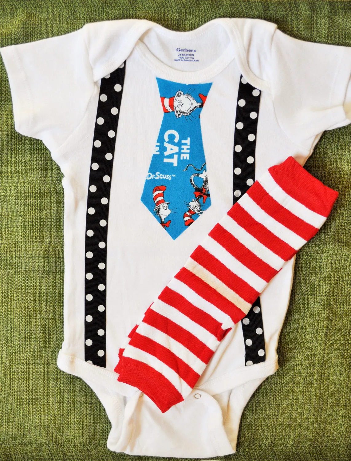 Dr. Seuss cake smash bodysuit Dr Suess smash cake tie and black with white polka dot suspenders with Red and White Striped Baby Leg Warmers