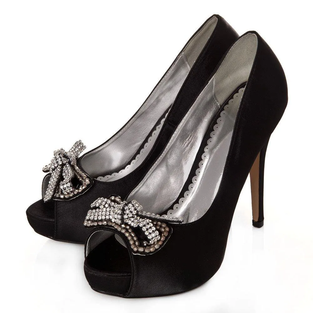 ELSA Peep Toe High Heel Satin Court Shoe With A Diamante Bow