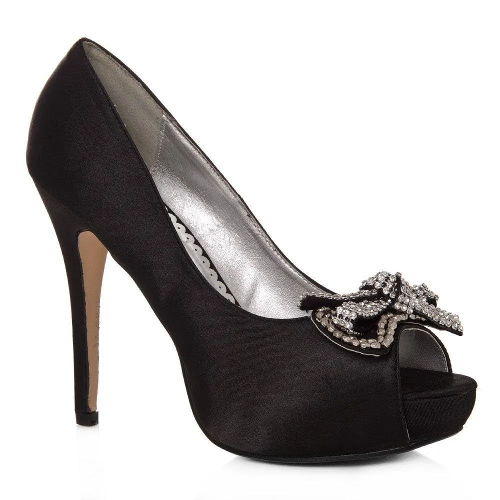 ELSA Peep Toe High Heel Satin Court Shoe With A Diamante Bow