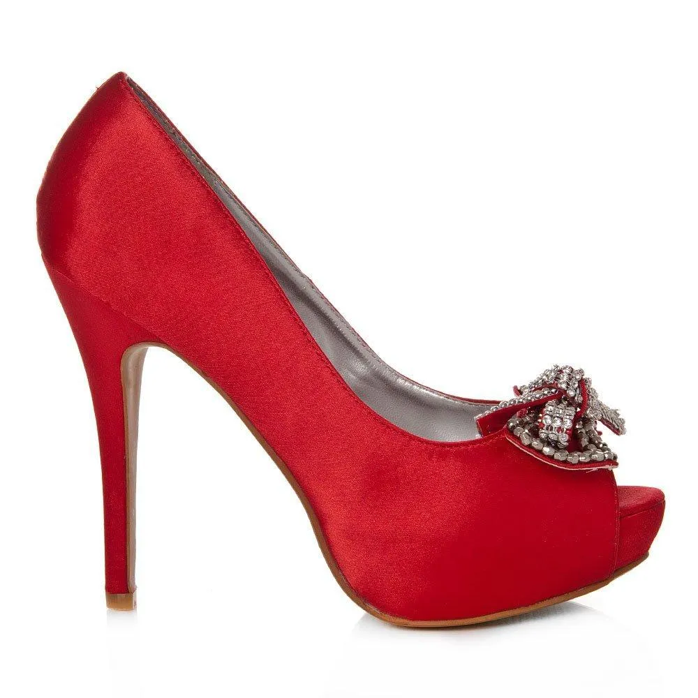 ELSA Peep Toe High Heel Satin Court Shoe With A Diamante Bow