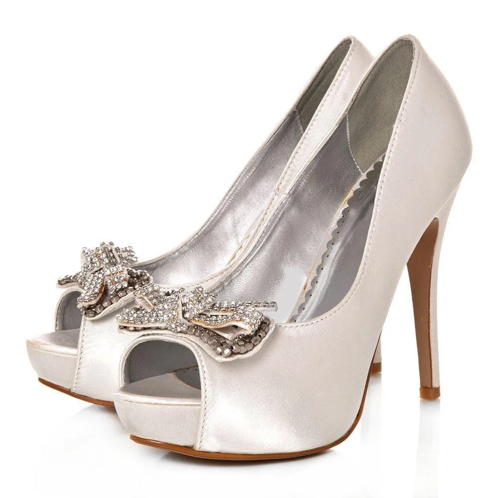 ELSA Peep Toe High Heel Satin Court Shoe With A Diamante Bow