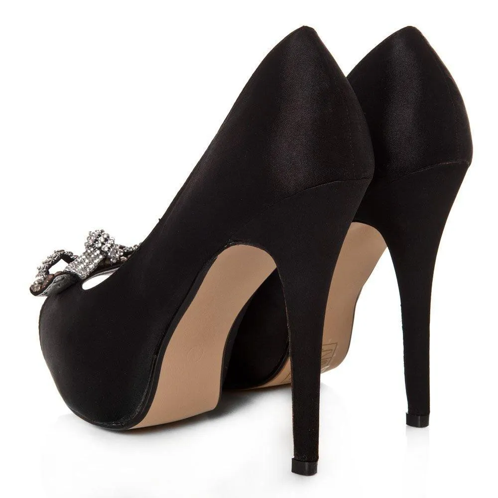 ELSA Peep Toe High Heel Satin Court Shoe With A Diamante Bow