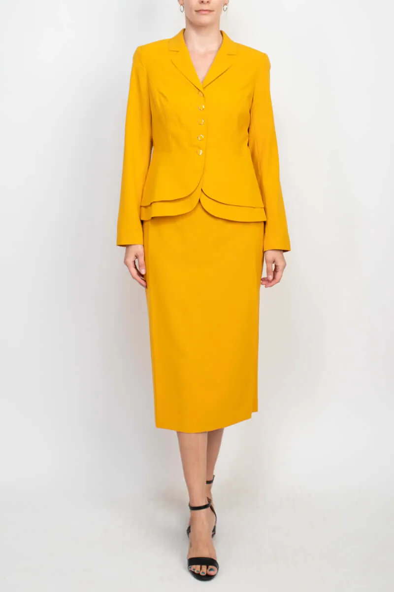 Emily Notched Collar 5 Button Closure Long Sleeve Tiered Hem Crepe Jacket with Zipper Back Slit Back Skirt