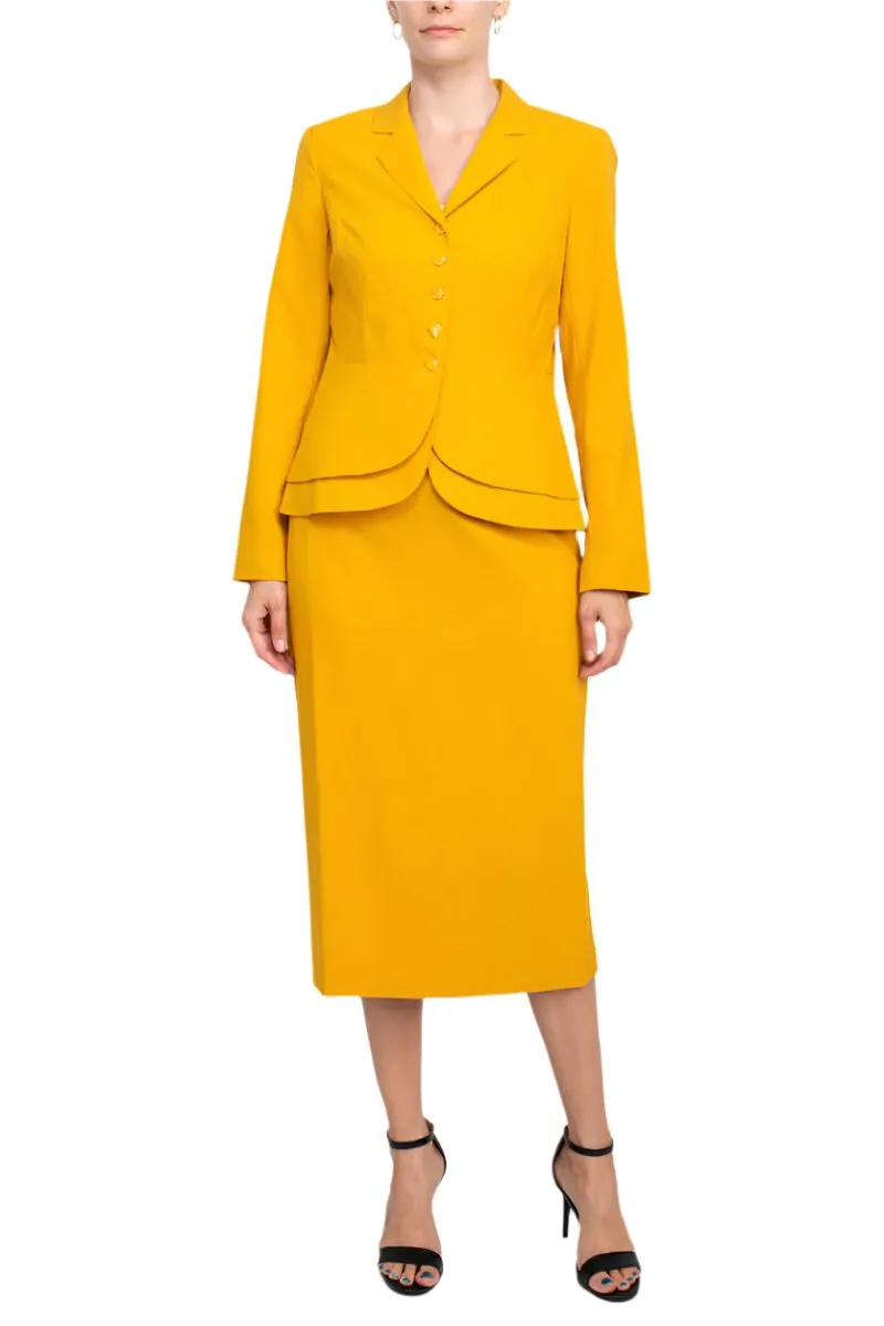 Emily Notched Collar 5 Button Closure Long Sleeve Tiered Hem Crepe Jacket with Zipper Back Slit Back Skirt