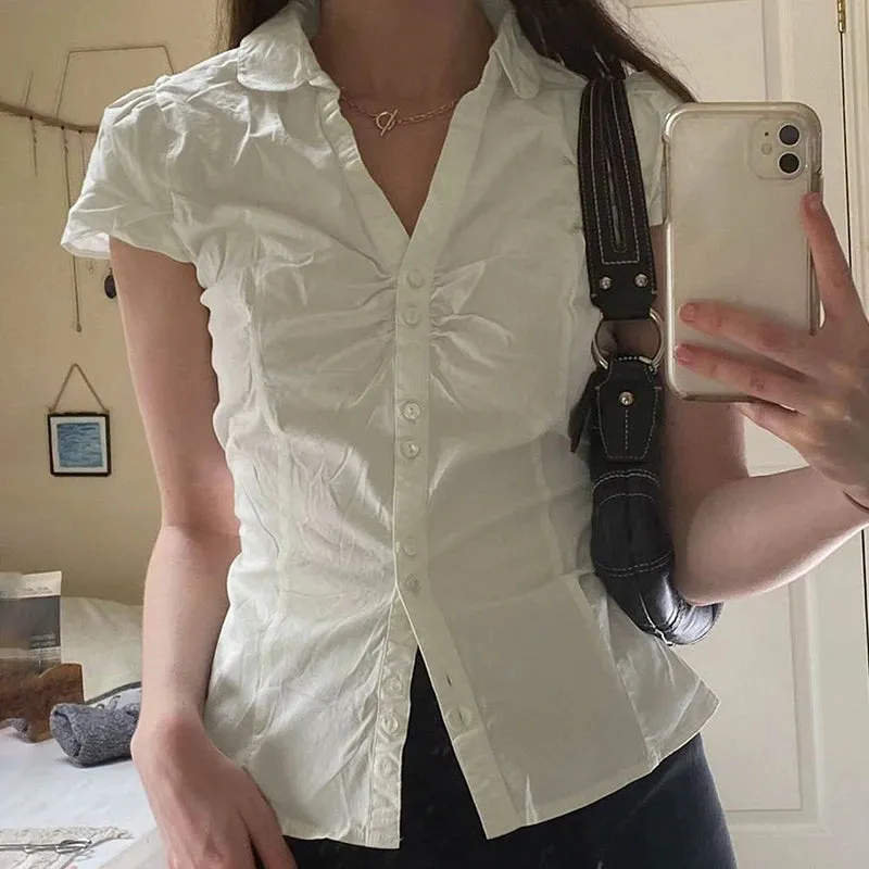 Fashion Chic White Folds Summer Women Blouses Tops Short Sleeve Buttons Up Cardigan Tie Up Korean Shirt Casual Solid