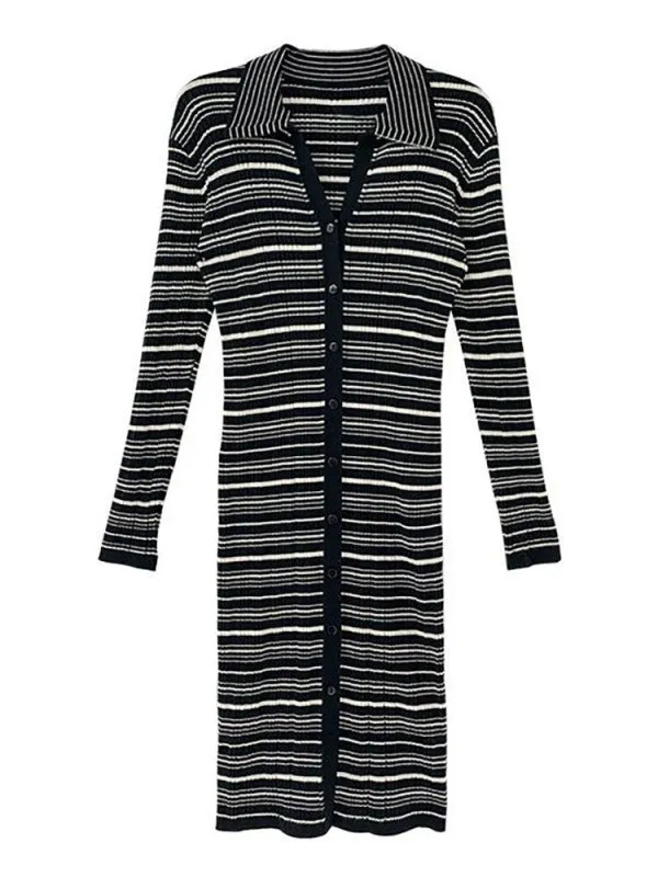 Fashion slimming single-breasted long-sleeved striped knee-length knitted dress