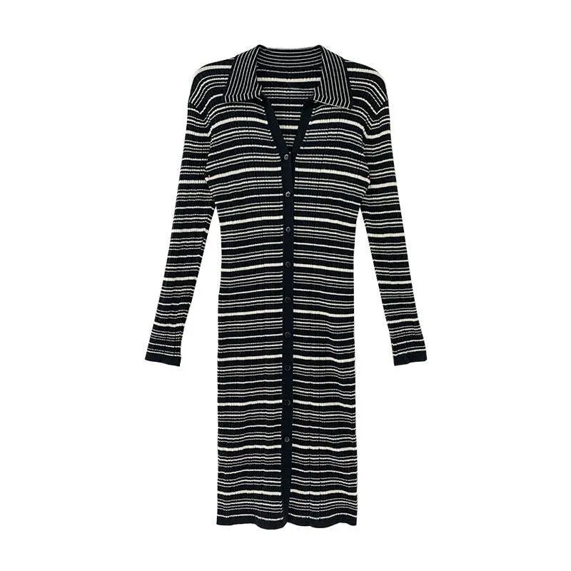 Fashion slimming single-breasted long-sleeved striped knee-length knitted dress