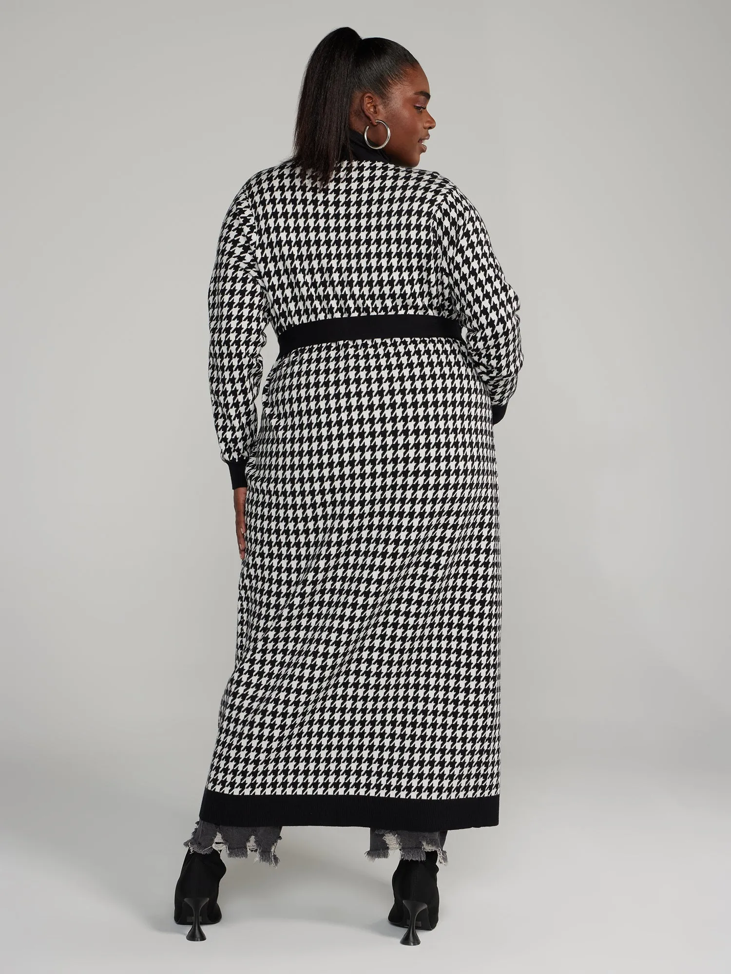 Fashion To Figure - Belted Houndstooth Long Cardigan