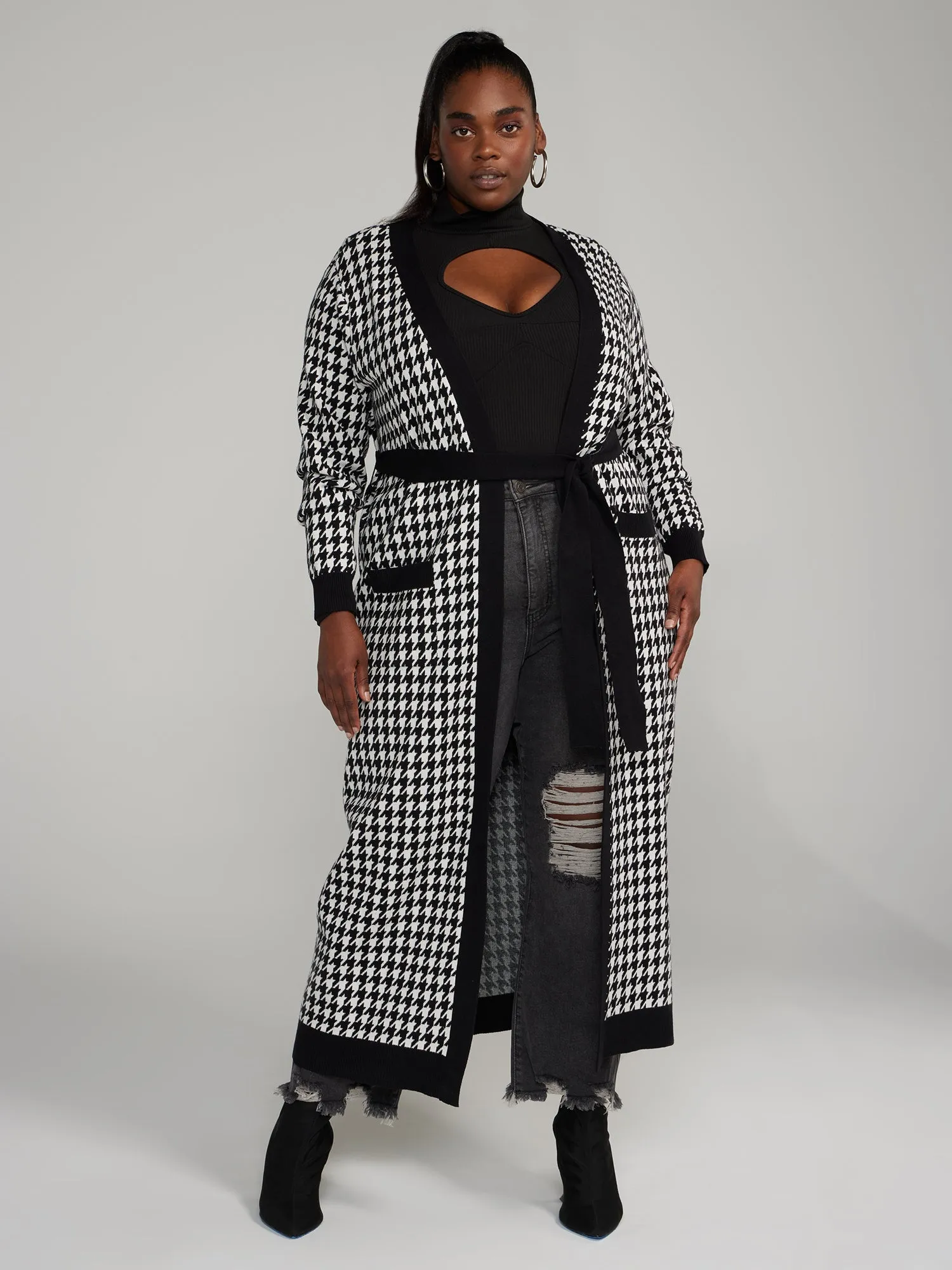 Fashion To Figure - Belted Houndstooth Long Cardigan