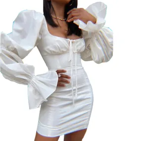 Fashionkova 2022 White High Waist Dress Female Bubble Sleeve Square Neck Dress Long Sleeve Casual Y2k Dress Fashion Slim Mini Dress Romance Club