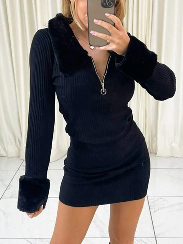 Faux Fur Trim Rib Modern Knit Long Sleeve Mini Dress