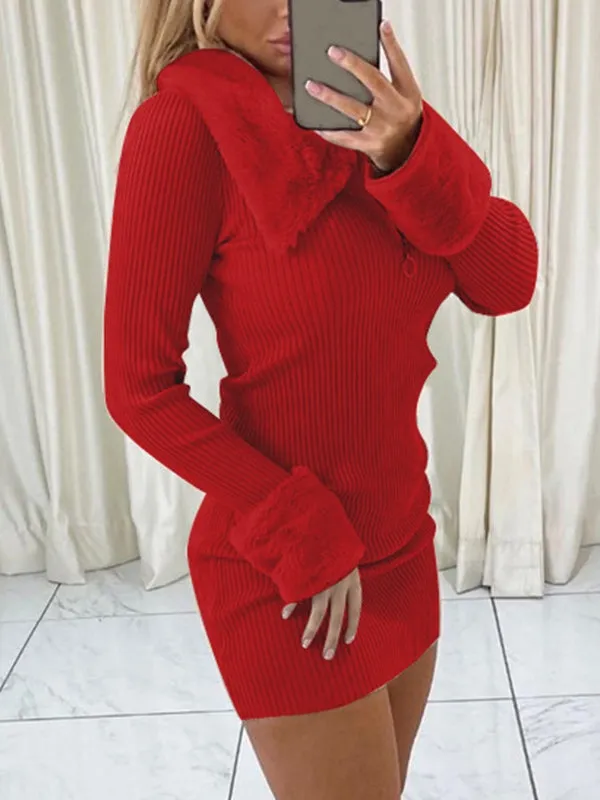 Faux Fur Trim Ribbed Long Sleeve Mini Dress