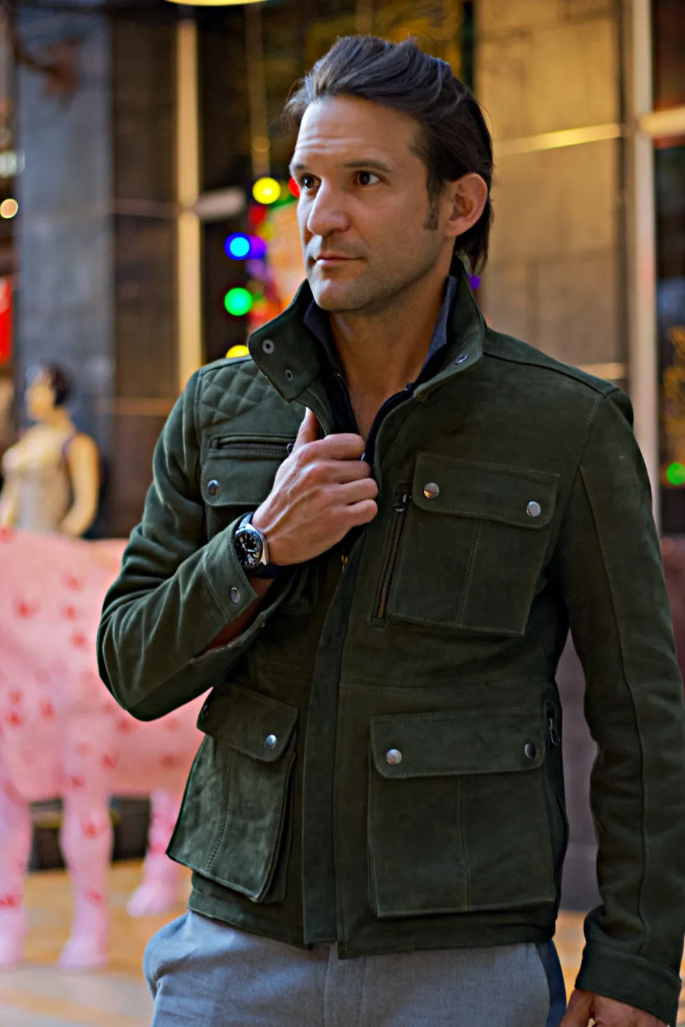 FIELD FR SH Leather Jacket Dark Green  - Nubuck Suede - Short-Length