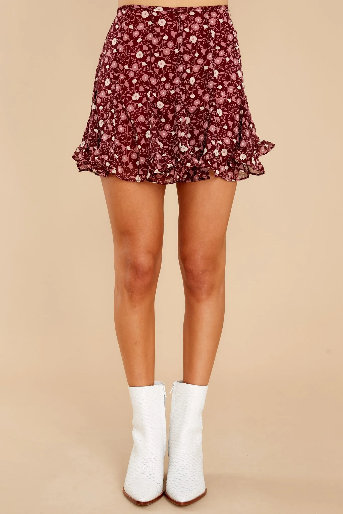 Flirty Sass Burgundy Floral Print Skort