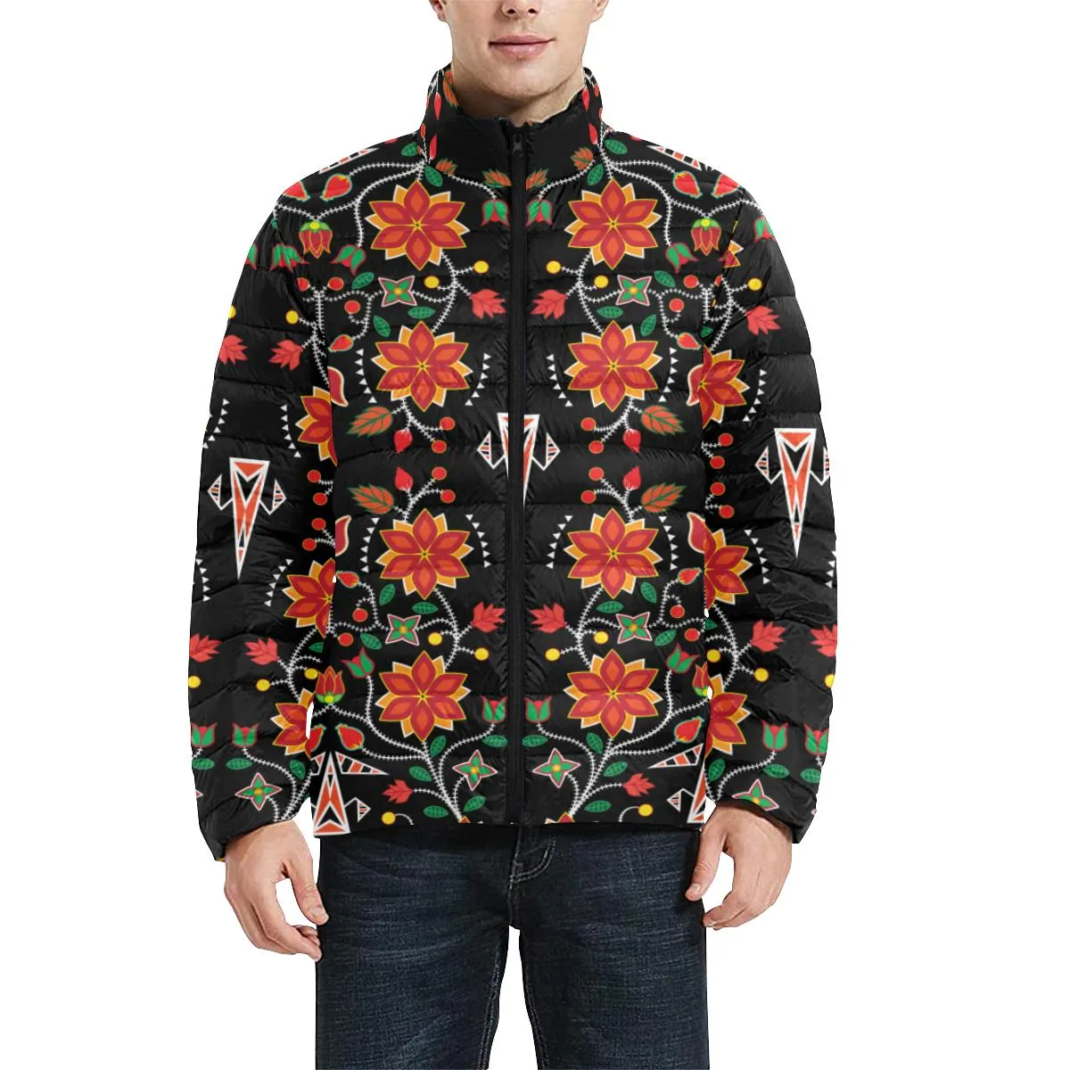 Floral Beadwork Six Bands Men's Stand Collar Padded Jacket