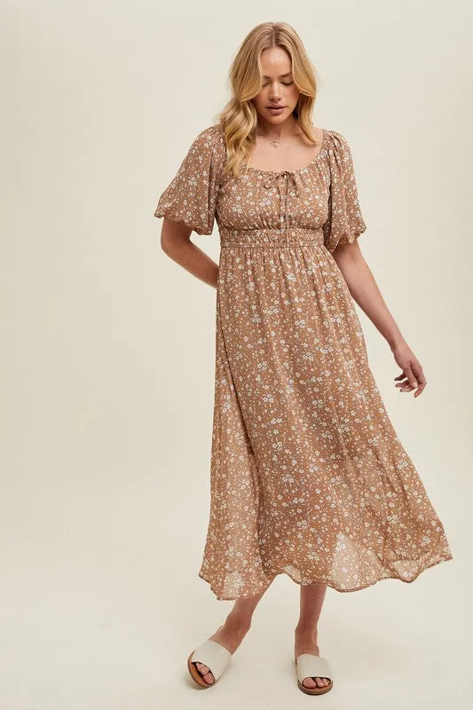 Floral Front Tie Midi Dress - Mocha