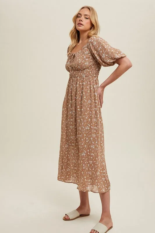 Floral Front Tie Midi Dress - Mocha