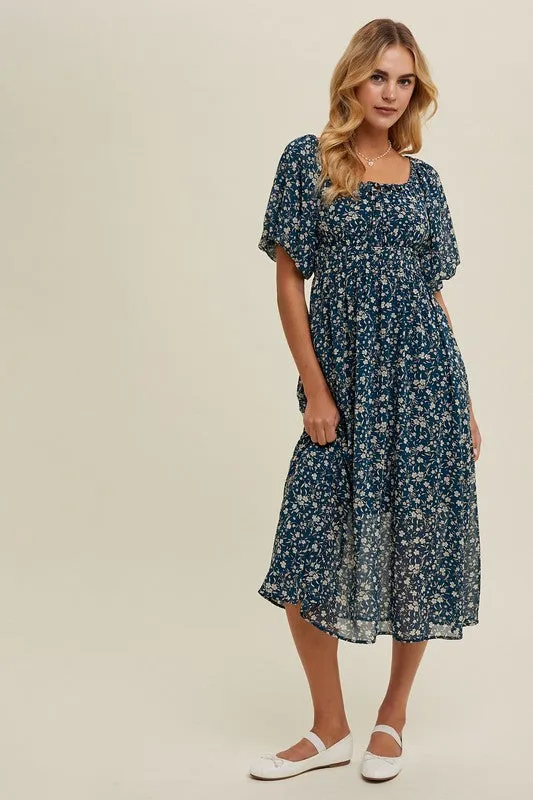 Floral Front Tie Midi Dress - Teal