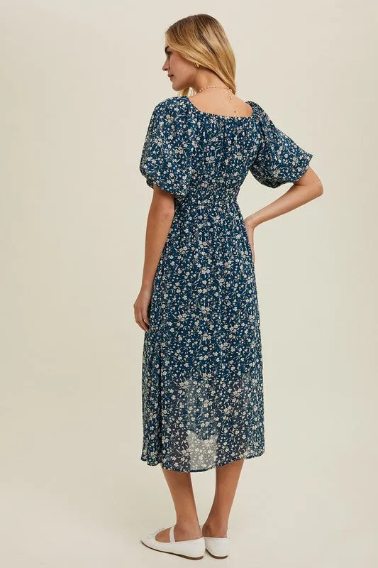 Floral Front Tie Midi Dress - Teal