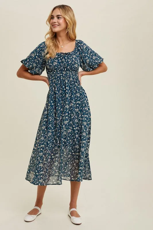 Floral Front Tie Midi Dress - Teal