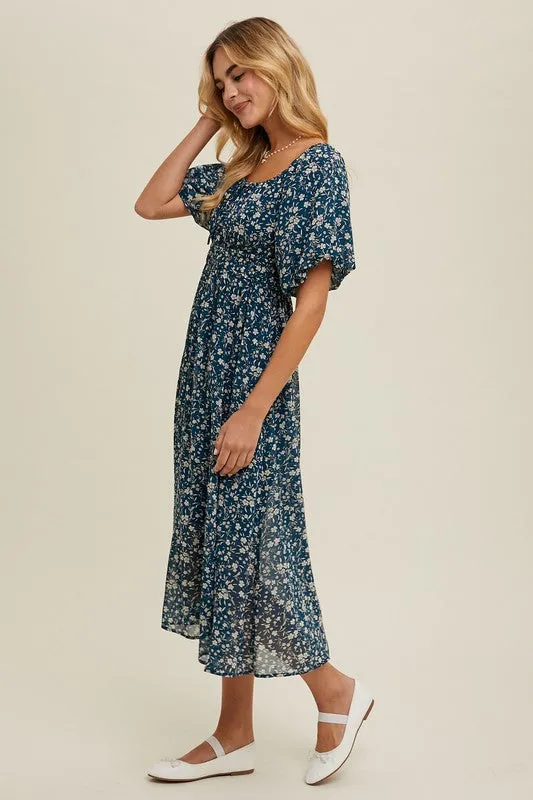 Floral Front Tie Midi Dress - Teal