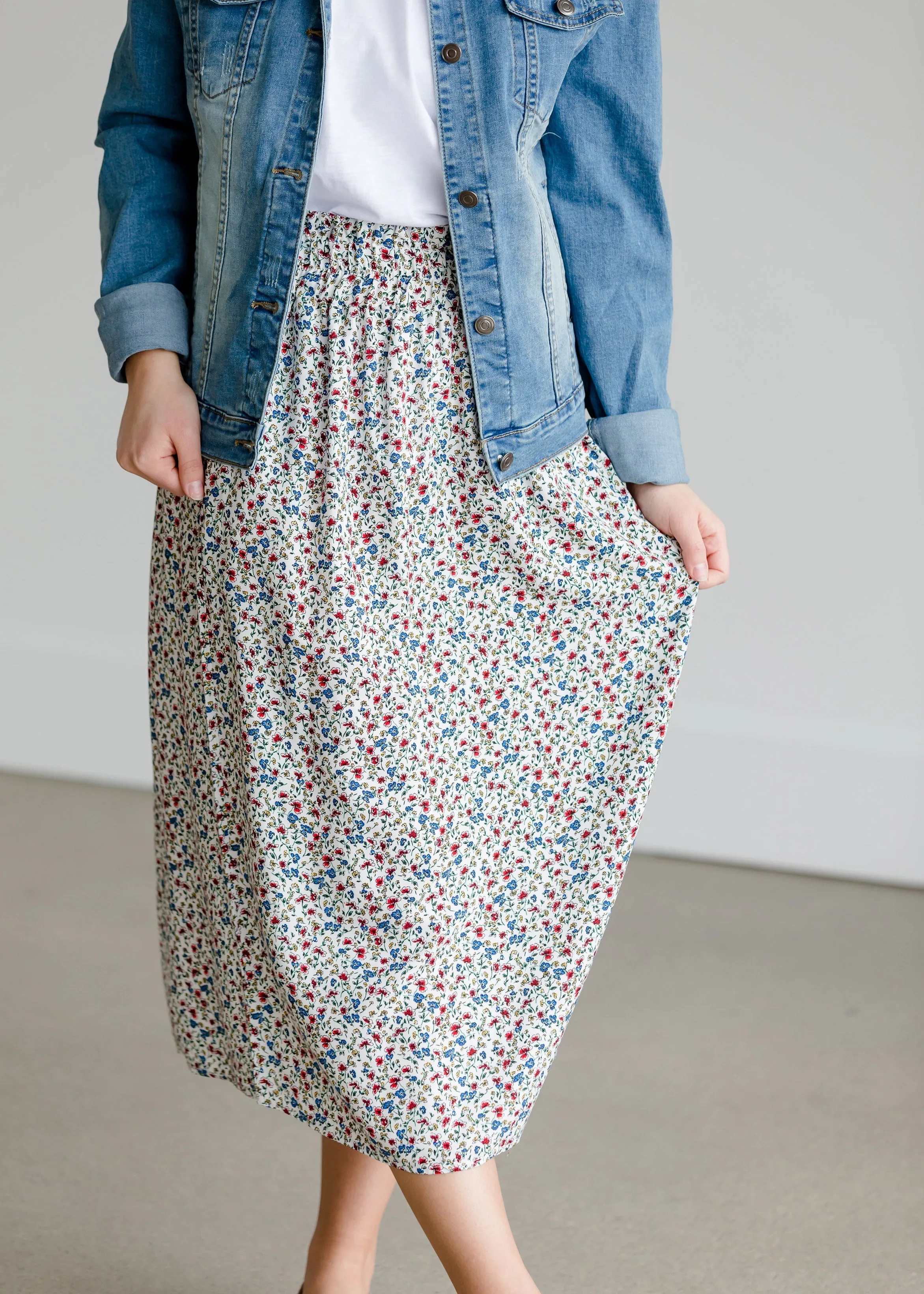 Floral Print Ivory Midi Skirt