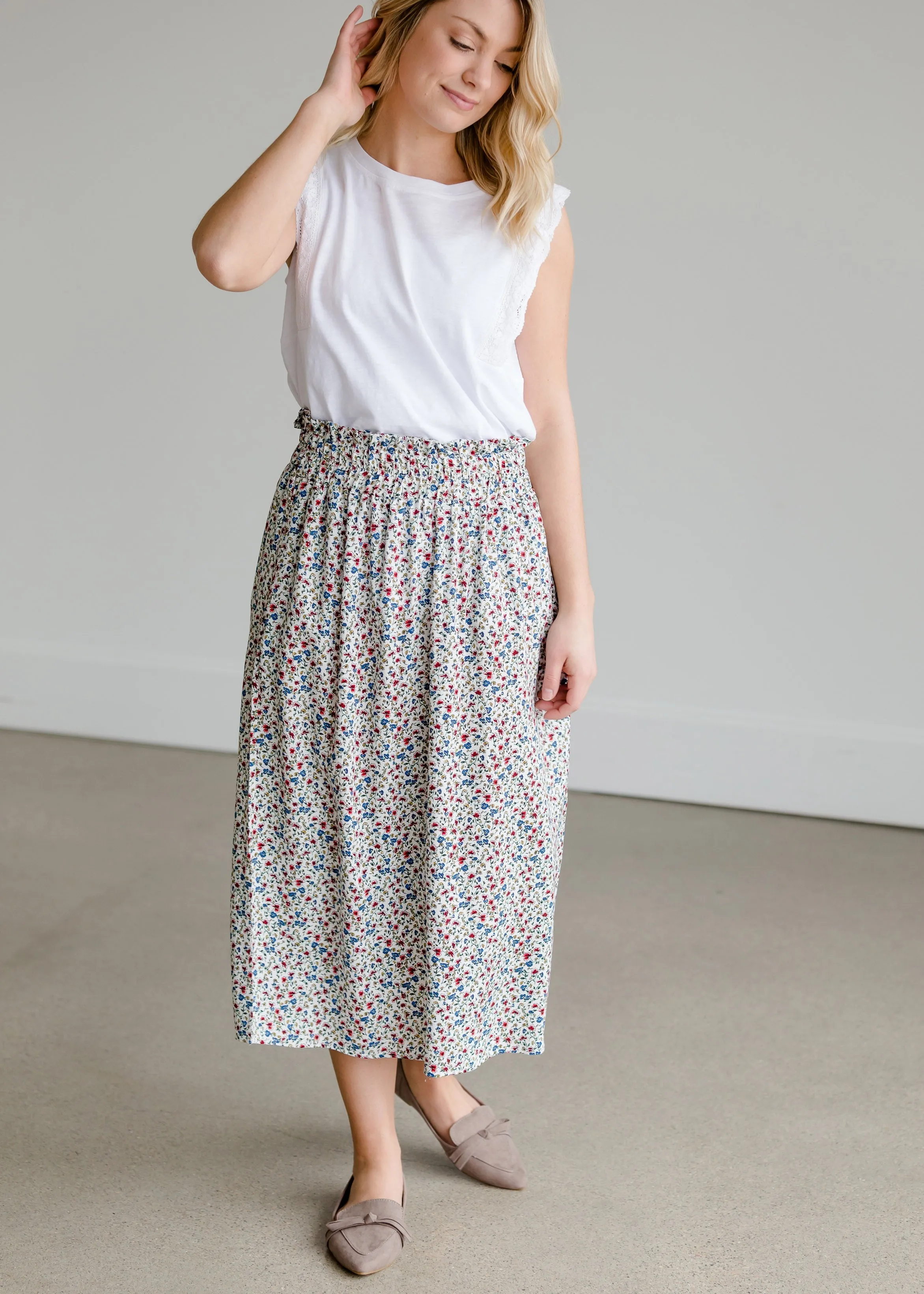 Floral Print Ivory Midi Skirt