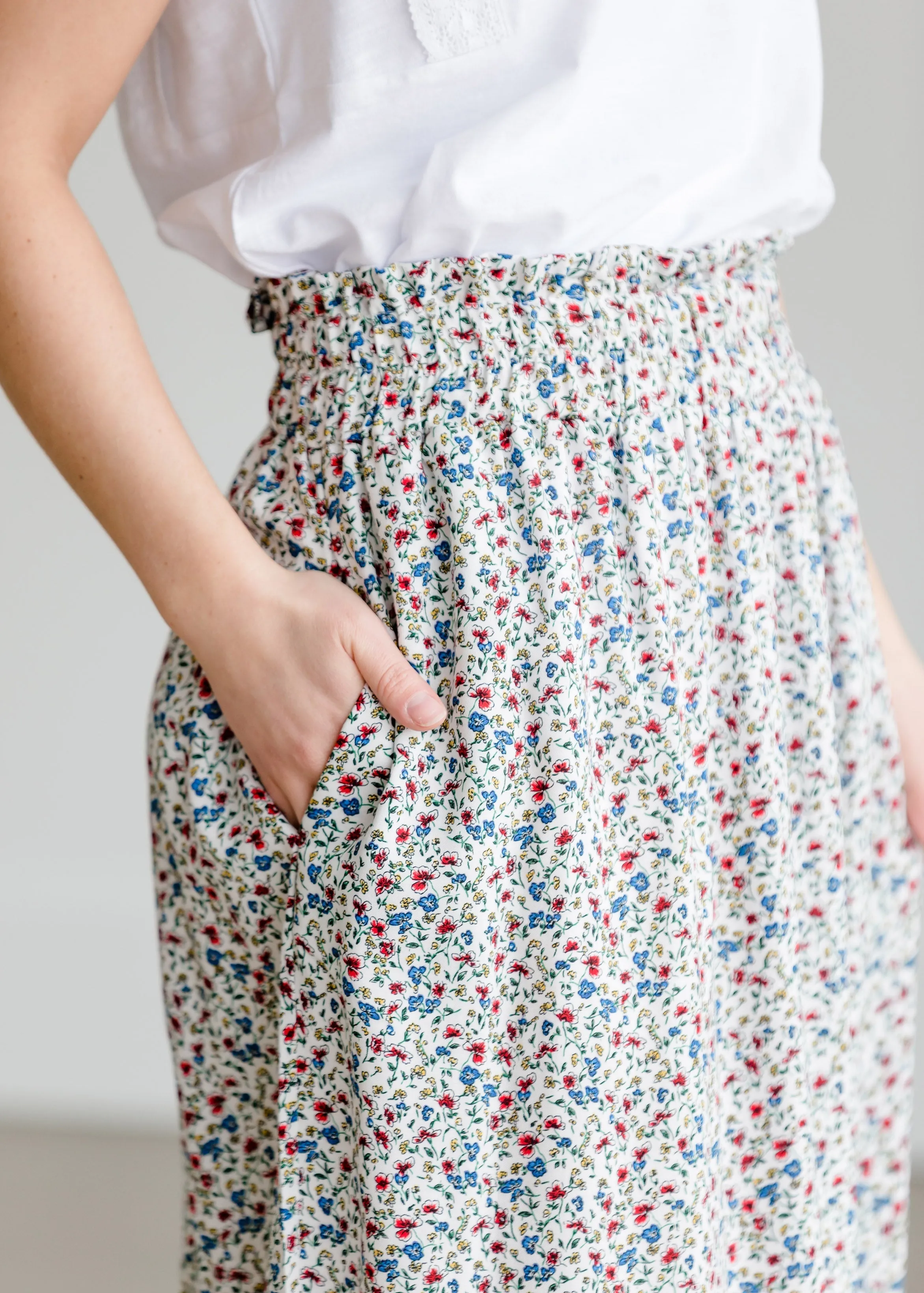 Floral Print Ivory Midi Skirt