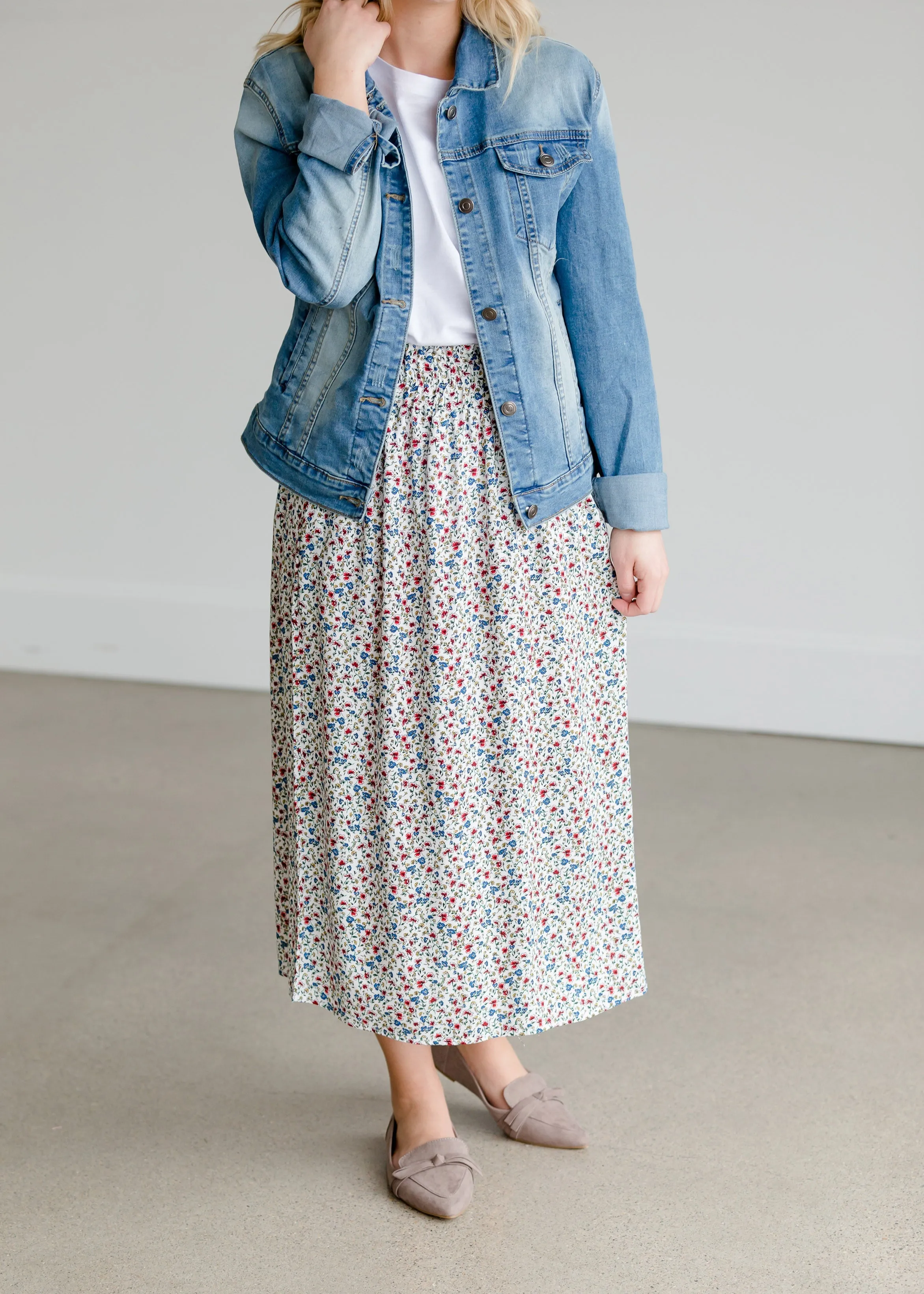 Floral Print Ivory Midi Skirt