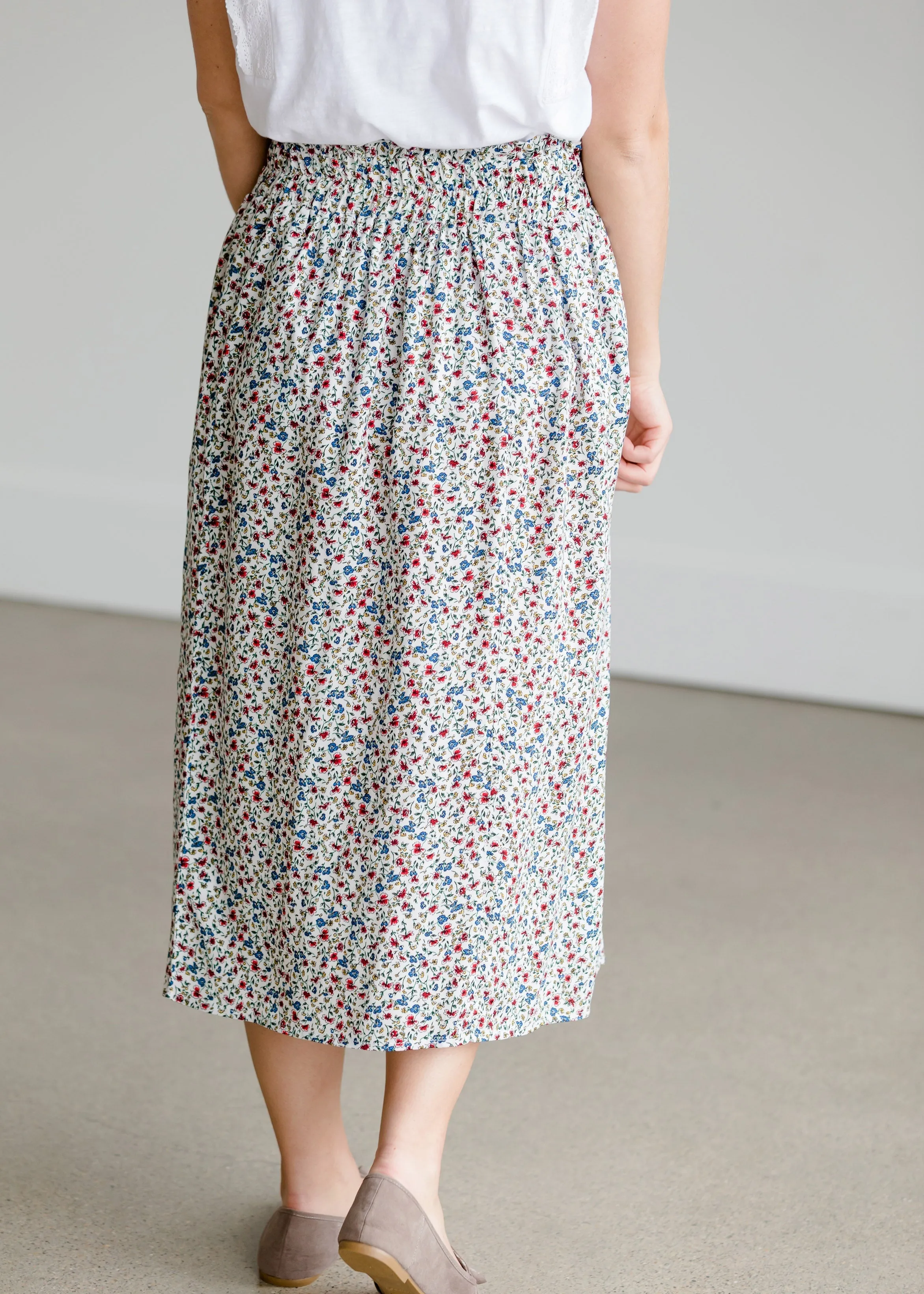 Floral Print Ivory Midi Skirt