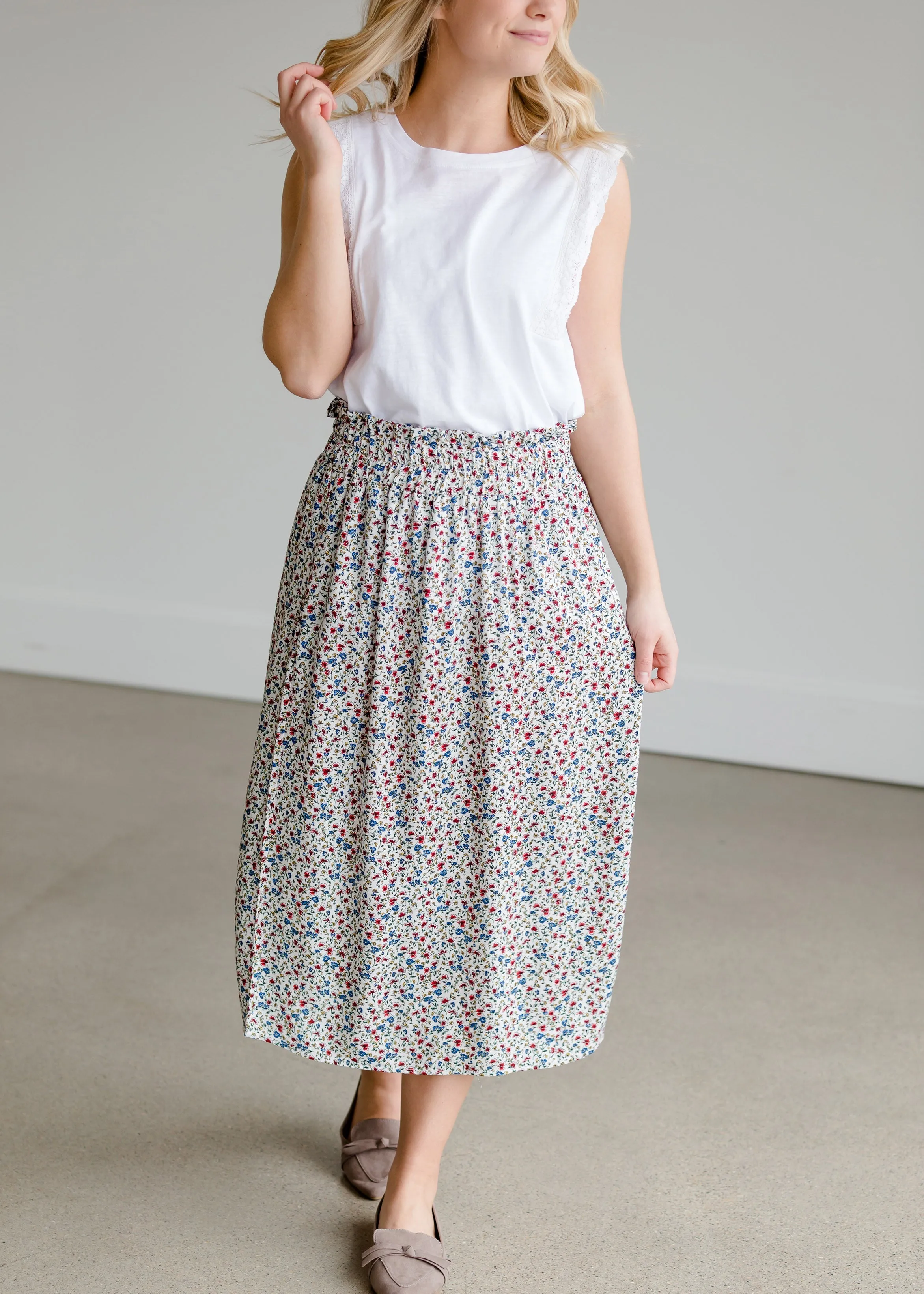 Floral Print Ivory Midi Skirt