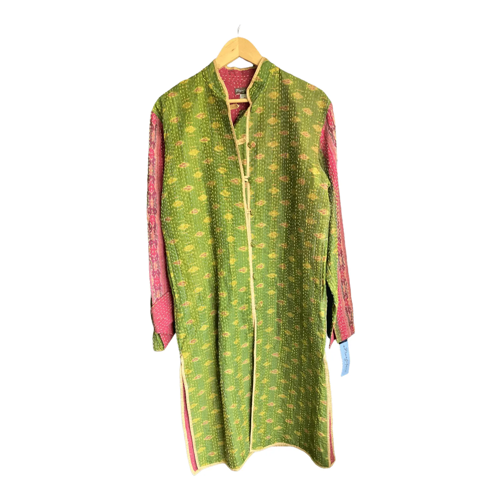 Frangipani Cotton Green and Burgundy Multi-Coloured Long Sleeved Coat UK Size Medium