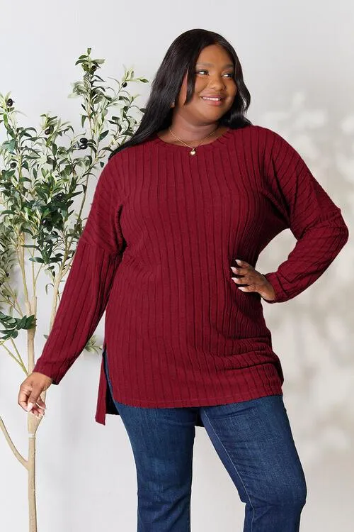 Full Size Ribbed Round Neck Long Sleeve Top