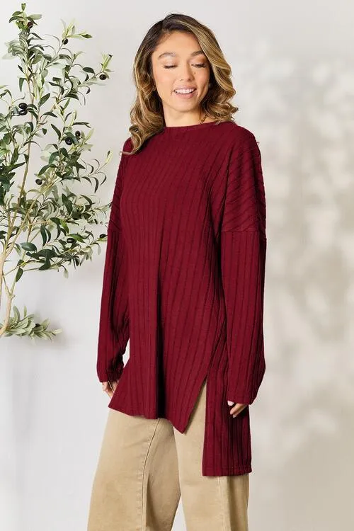 Full Size Ribbed Round Neck Long Sleeve Top