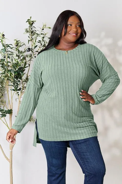 Full Size Ribbed Round Neck Long Sleeve Top