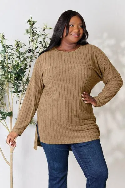 Full Size Ribbed Round Neck Long Sleeve Top