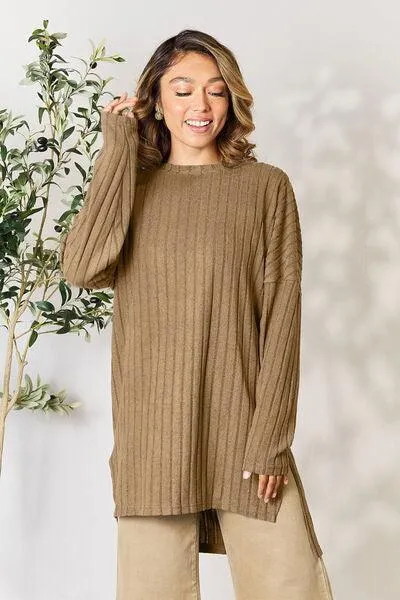 Full Size Ribbed Round Neck Long Sleeve Top