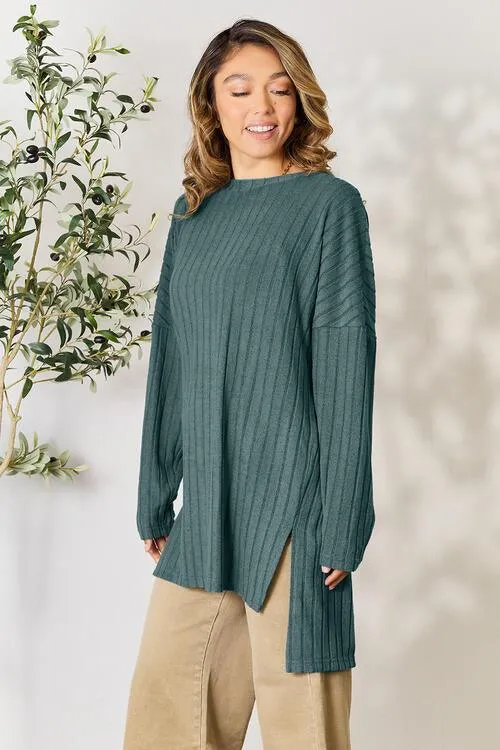 Full Size Ribbed Round Neck Long Sleeve Top