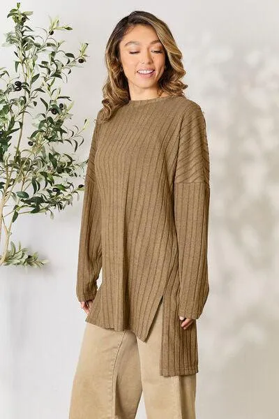 Full Size Ribbed Round Neck Long Sleeve Top