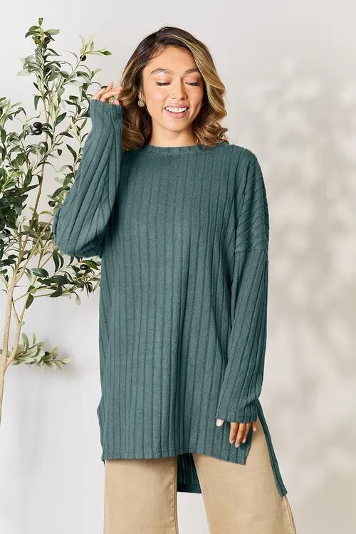 Full Size Ribbed Round Neck Long Sleeve Top