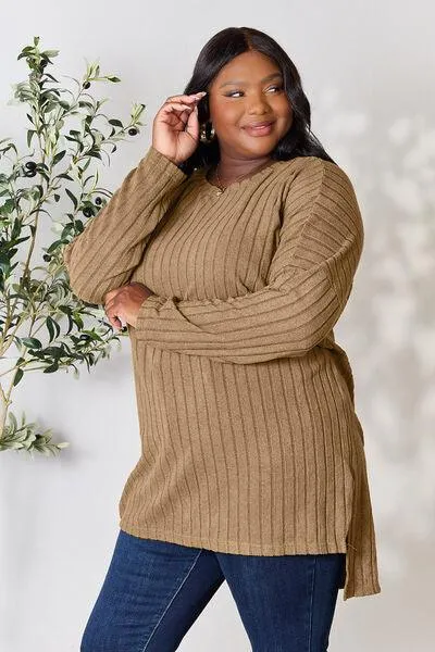 Full Size Ribbed Round Neck Long Sleeve Top