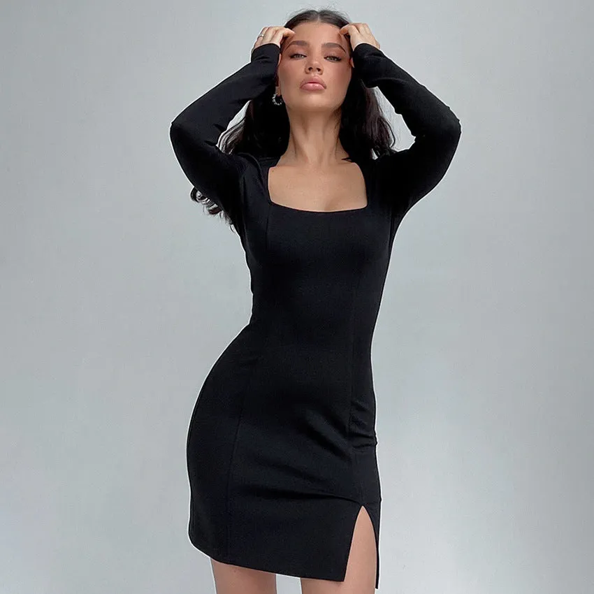 Girlary-shop going out outfits French Style Elegant Retro Small Black Dress Elegant Square Collar Bottoming Long Sleeve Dress Women's Autumn Tight Waist Hip Skirt