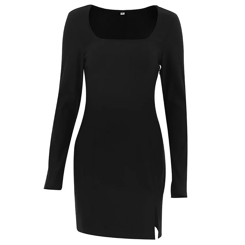 Girlary-shop going out outfits French Style Elegant Retro Small Black Dress Elegant Square Collar Bottoming Long Sleeve Dress Women's Autumn Tight Waist Hip Skirt