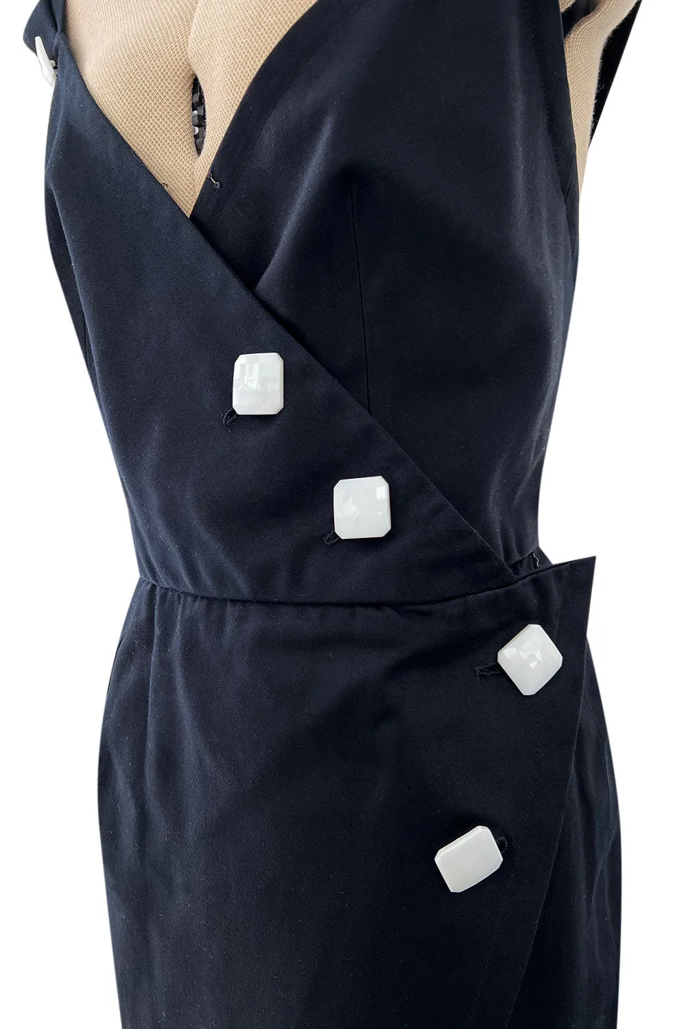 Gorgeous 1990s Yves Saint Laurent Black Cotton Wrap Dress w White Faceted Square Buttons