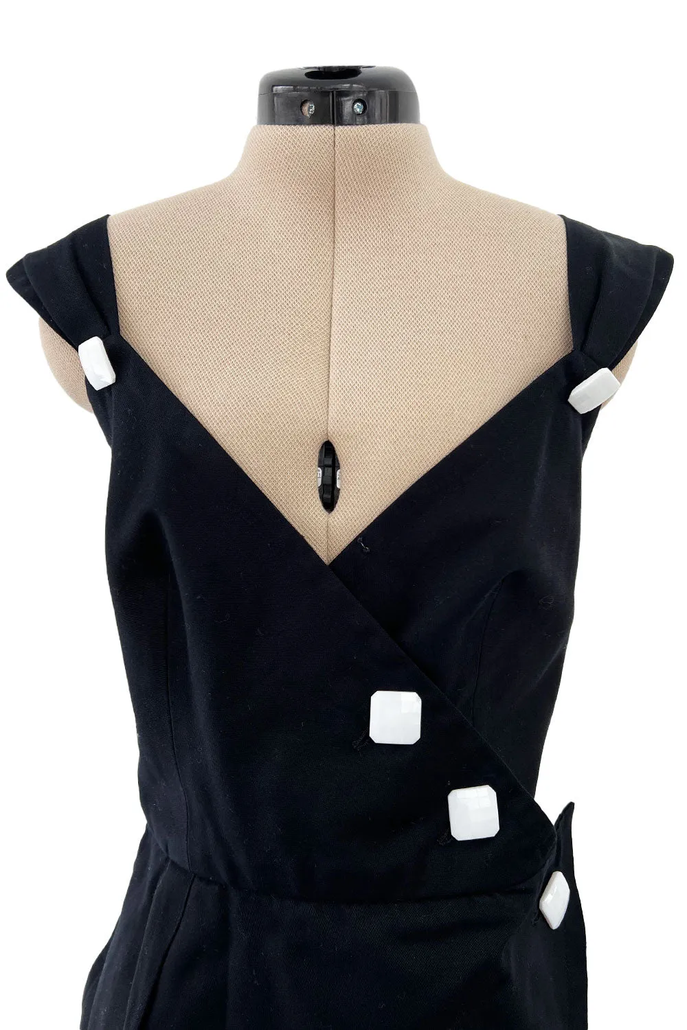 Gorgeous 1990s Yves Saint Laurent Black Cotton Wrap Dress w White Faceted Square Buttons