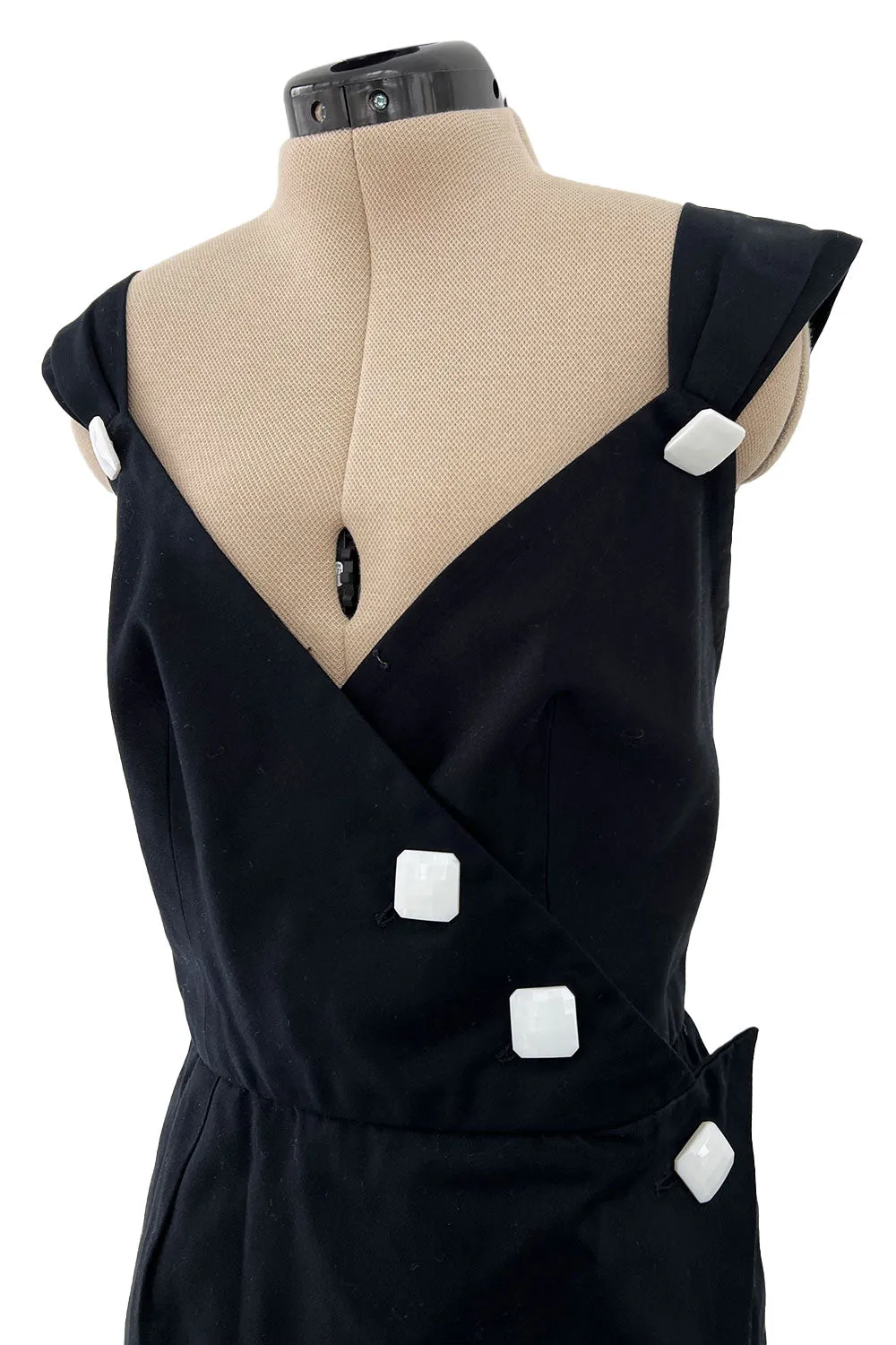 Gorgeous 1990s Yves Saint Laurent Black Cotton Wrap Dress w White Faceted Square Buttons