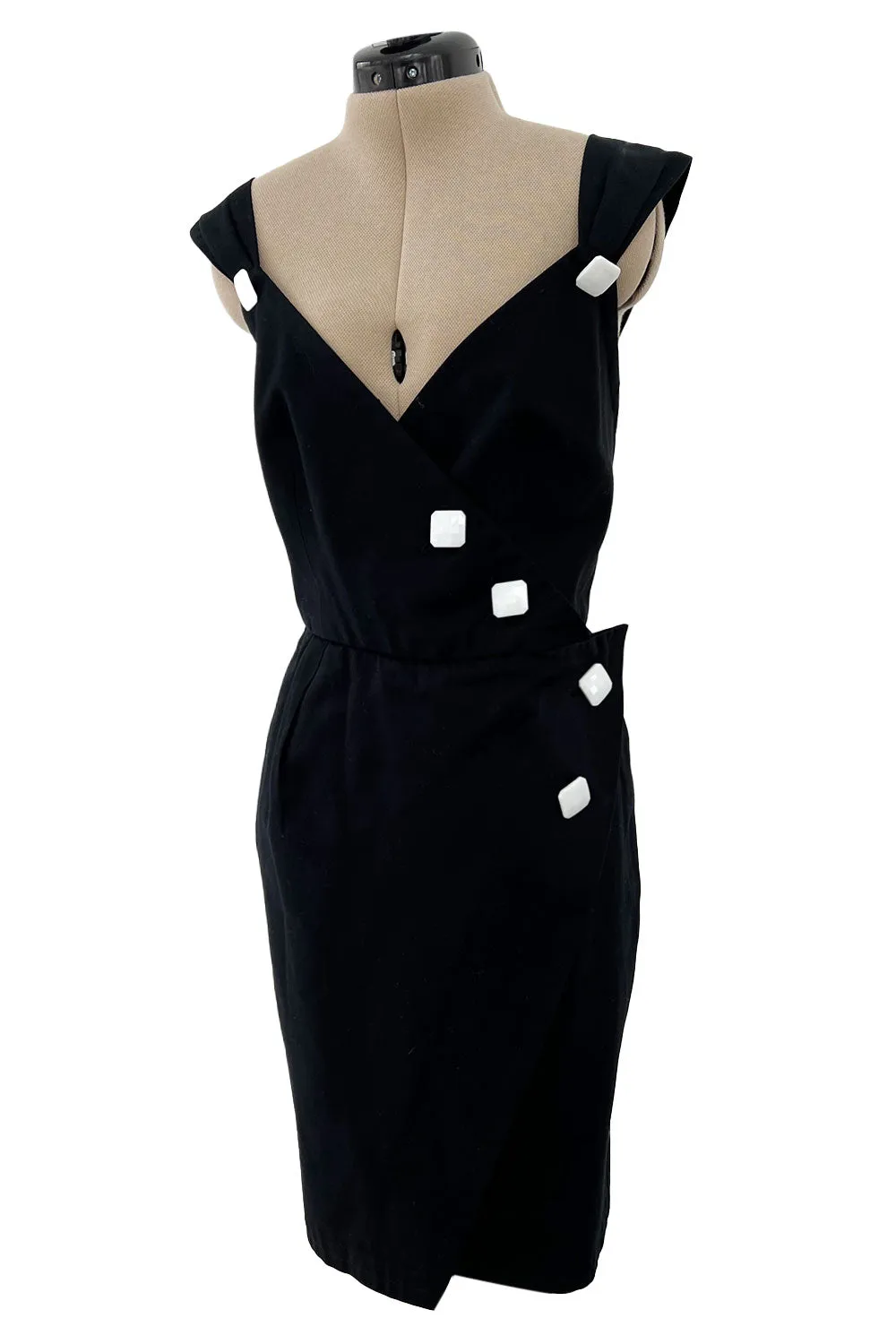 Gorgeous 1990s Yves Saint Laurent Black Cotton Wrap Dress w White Faceted Square Buttons