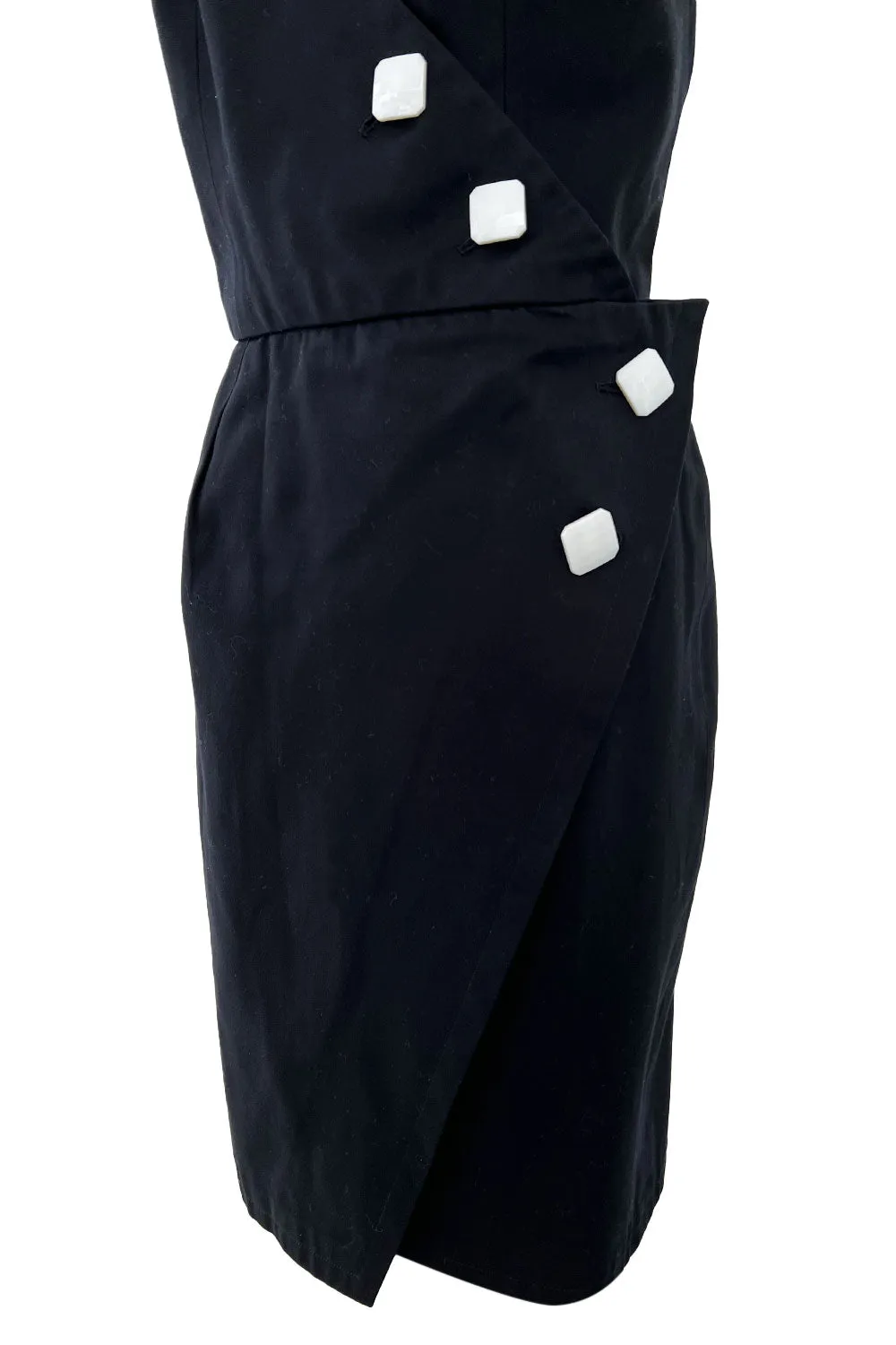 Gorgeous 1990s Yves Saint Laurent Black Cotton Wrap Dress w White Faceted Square Buttons